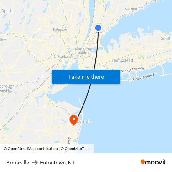 Bronxville to Eatontown, NJ map