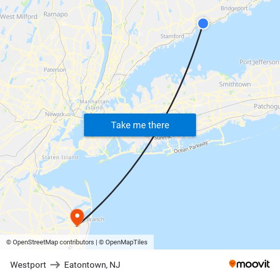 Westport to Eatontown, NJ map