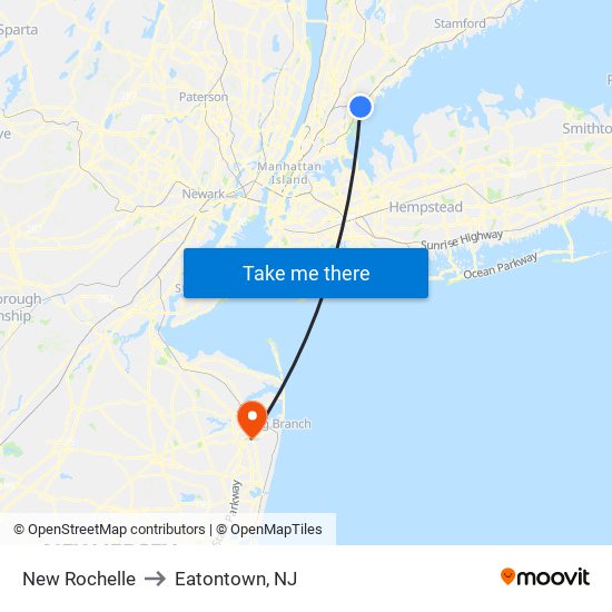 New Rochelle to Eatontown, NJ map