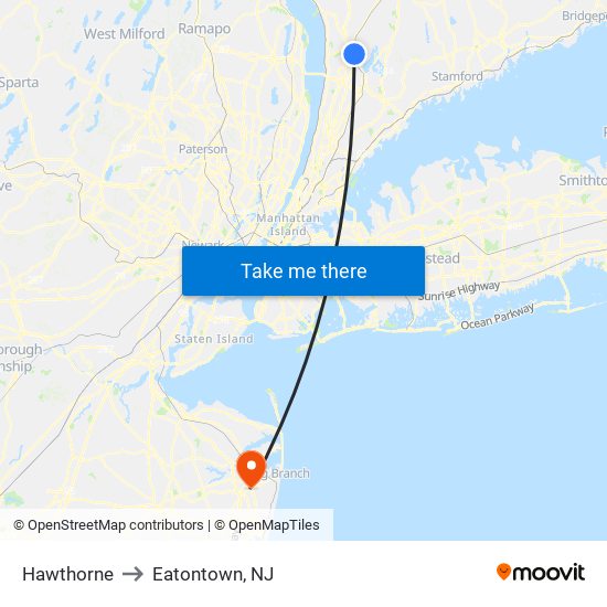 Hawthorne to Eatontown, NJ map