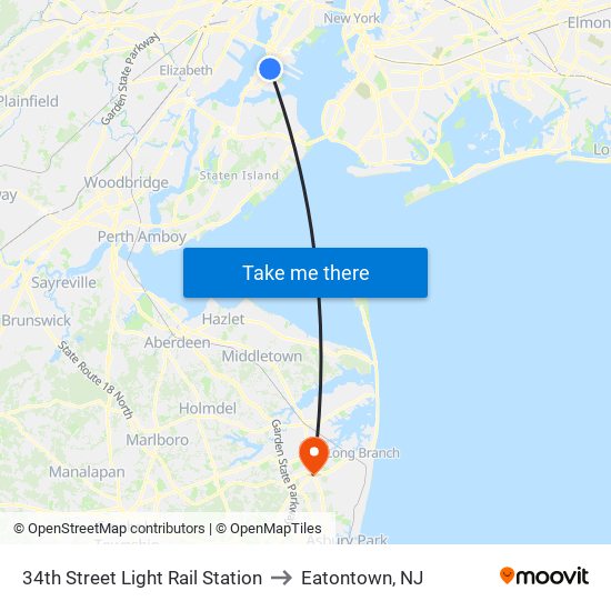 34th Street Light Rail Station to Eatontown, NJ map