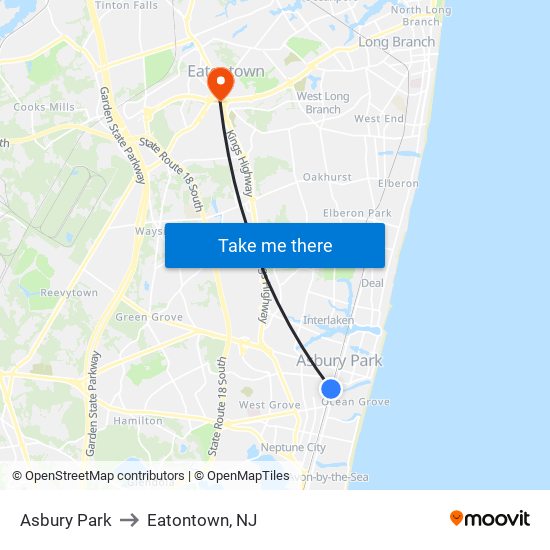 Asbury Park to Eatontown, NJ map