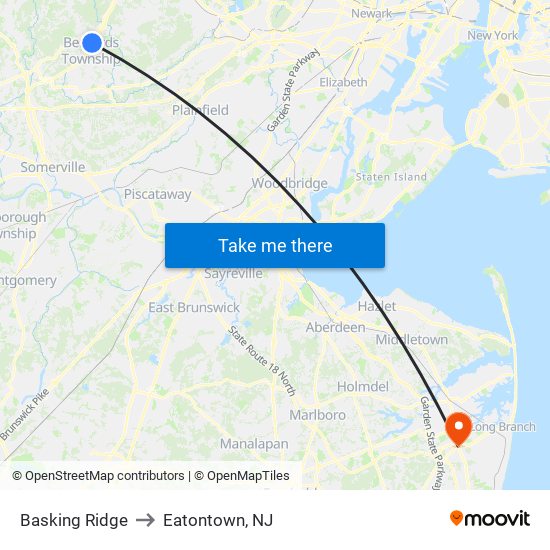 Basking Ridge to Eatontown, NJ map