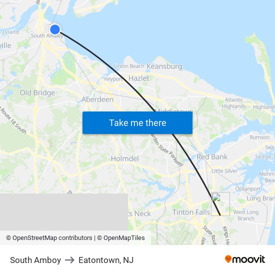 South Amboy to Eatontown, NJ map