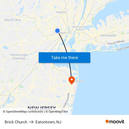 Brick Church to Eatontown, NJ map