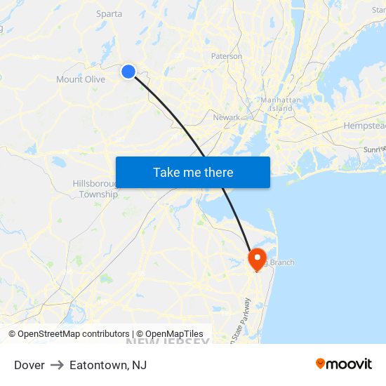 Dover to Eatontown, NJ map