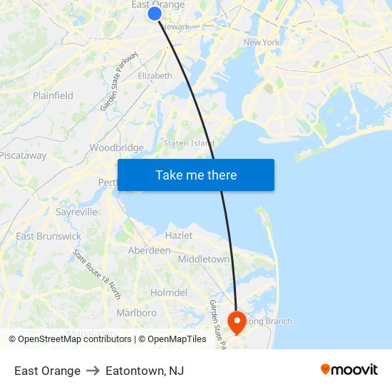 East Orange to Eatontown, NJ map