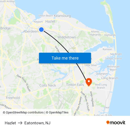 Hazlet to Eatontown, NJ map