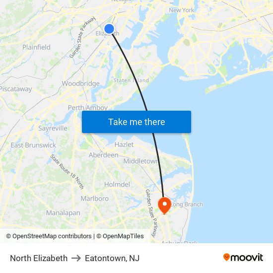 North Elizabeth to Eatontown, NJ map