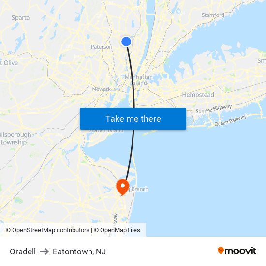 Oradell to Eatontown, NJ map