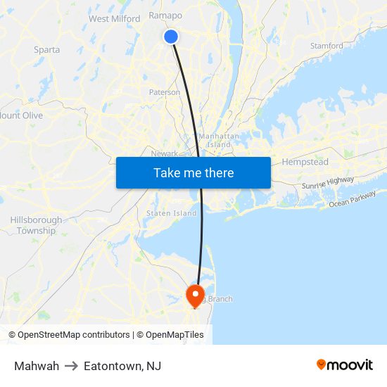 Mahwah to Eatontown, NJ map