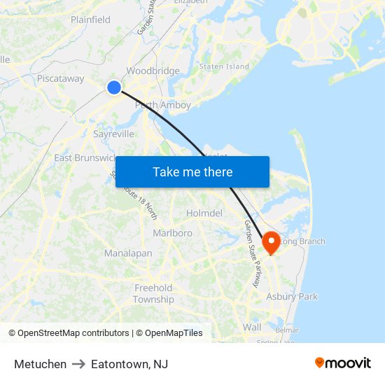 Metuchen to Eatontown, NJ map