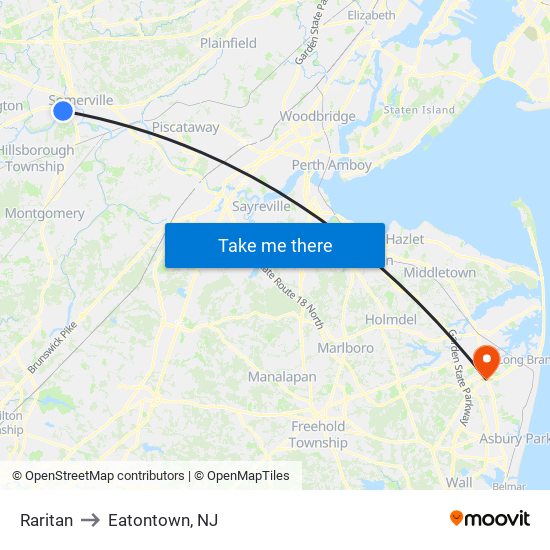 Raritan to Eatontown, NJ map