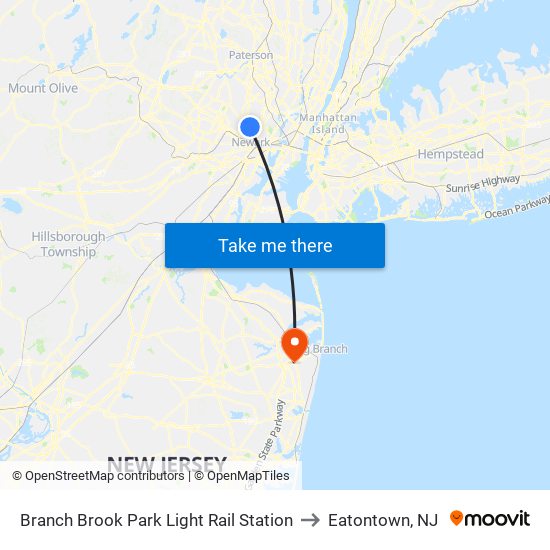 Branch Brook Park Light Rail Station to Eatontown, NJ map