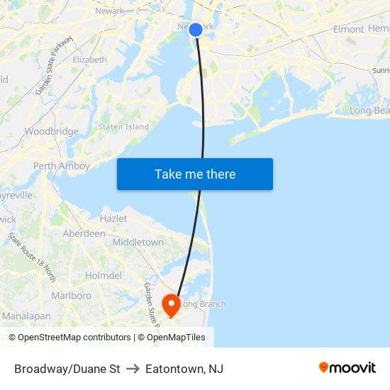 Broadway/Duane St to Eatontown, NJ map