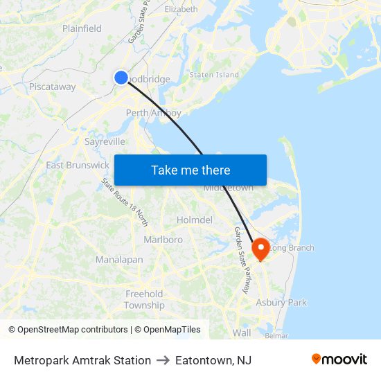 Metropark Amtrak Station to Eatontown, NJ map