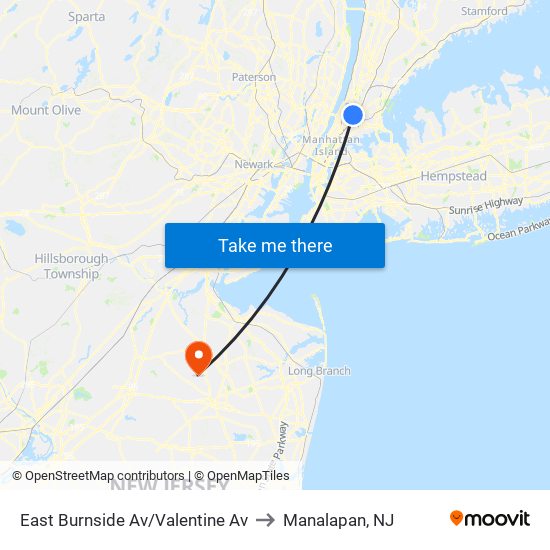 East Burnside Av/Valentine Av to Manalapan, NJ map