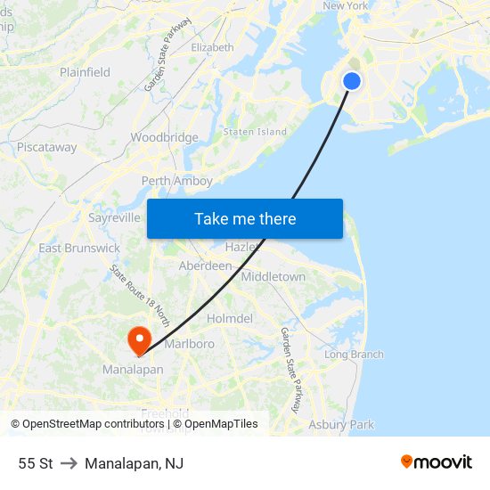 55 St to Manalapan, NJ map