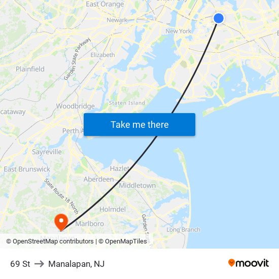 69 St to Manalapan, NJ map