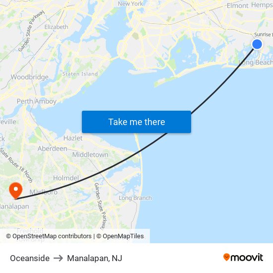 Oceanside to Manalapan, NJ map