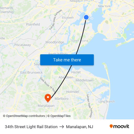 34th Street Light Rail Station to Manalapan, NJ map