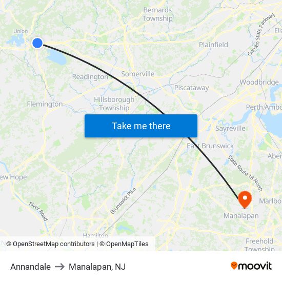 Annandale to Manalapan, NJ map