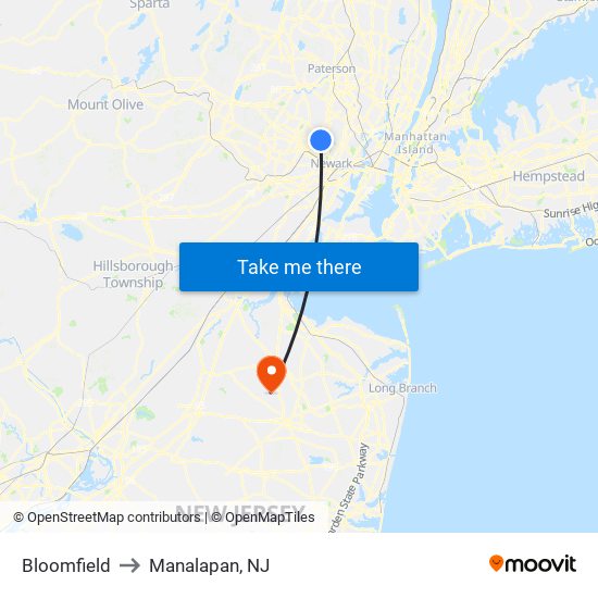 Bloomfield to Manalapan, NJ map