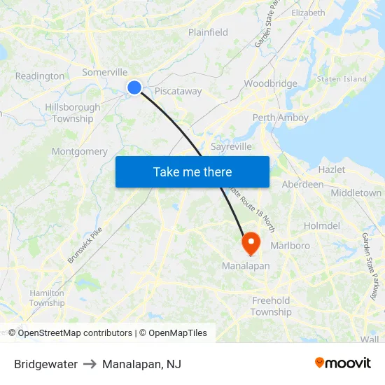 Bridgewater to Manalapan, NJ map