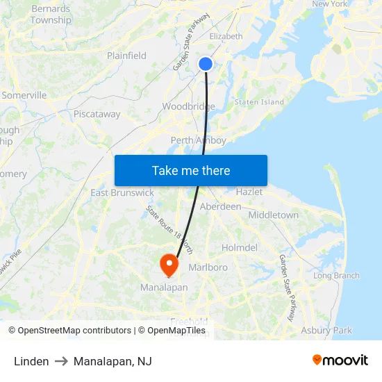 Linden to Manalapan, NJ map