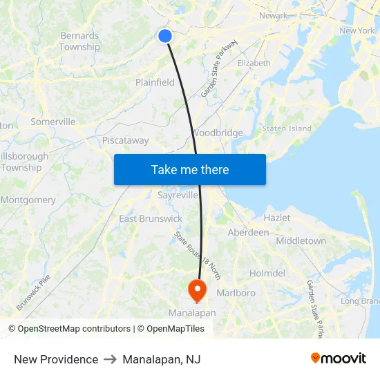New Providence to Manalapan, NJ map
