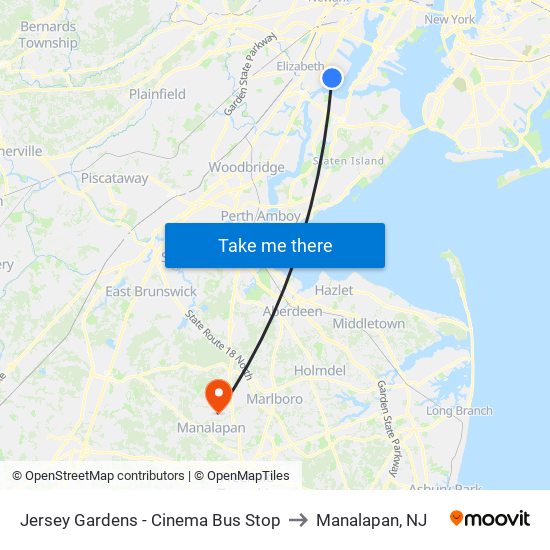 Jersey Gardens - Cinema Bus Stop to Manalapan, NJ map