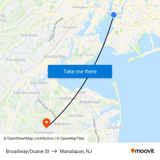 Broadway/Duane St to Manalapan, NJ map