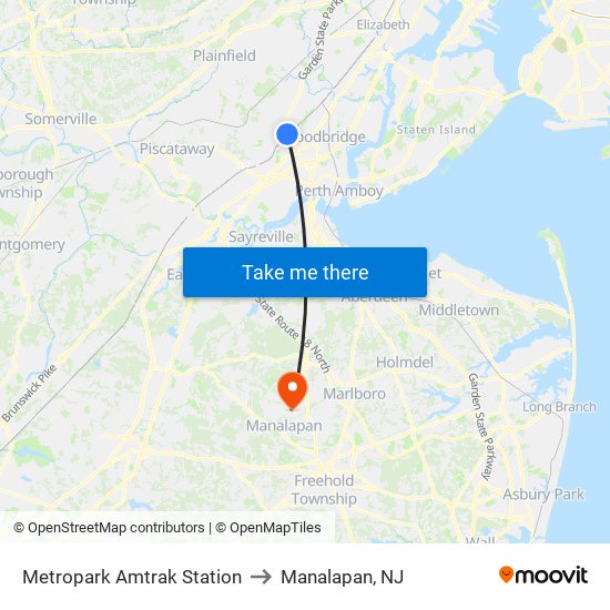 Metropark Amtrak Station to Manalapan, NJ map