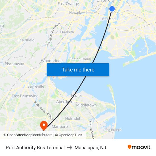 Port Authority Bus Terminal to Manalapan, NJ map