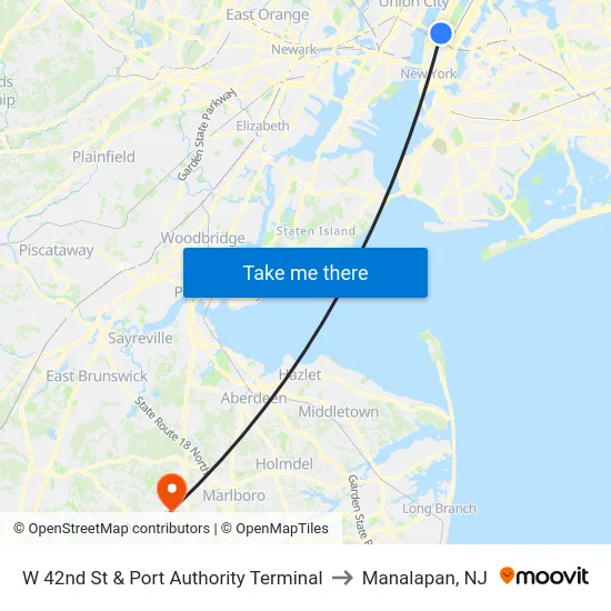 W 42nd St & Port Authority Terminal to Manalapan, NJ map