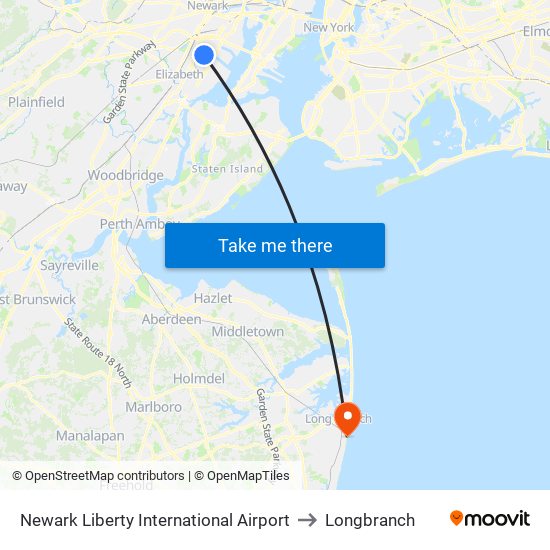 Newark Liberty International Airport to Longbranch map