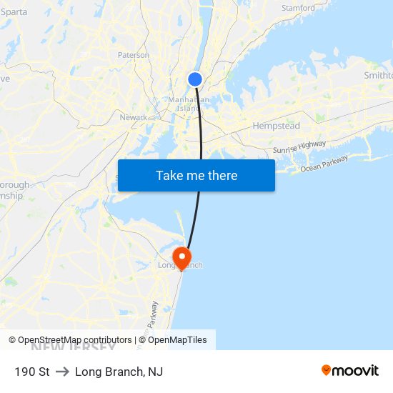 190 St to Long Branch, NJ map