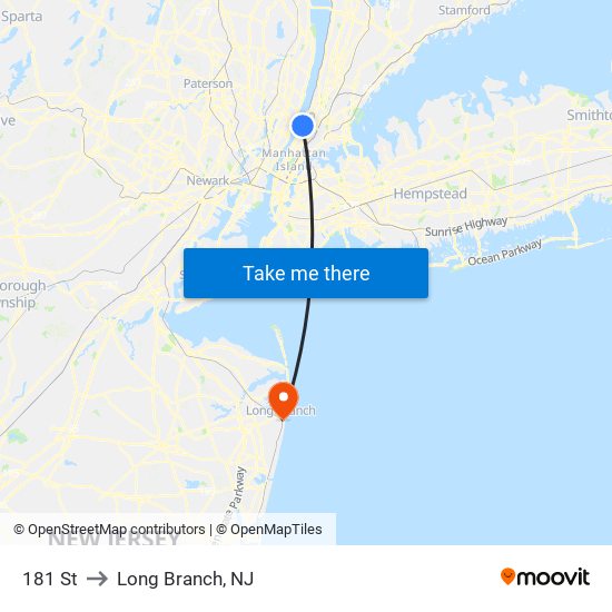 181 St to Long Branch, NJ map