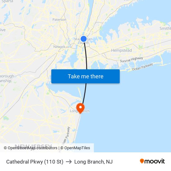 Cathedral Pkwy (110 St) to Long Branch, NJ map