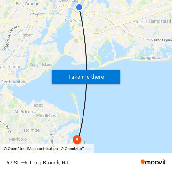 57 St to Long Branch, NJ map