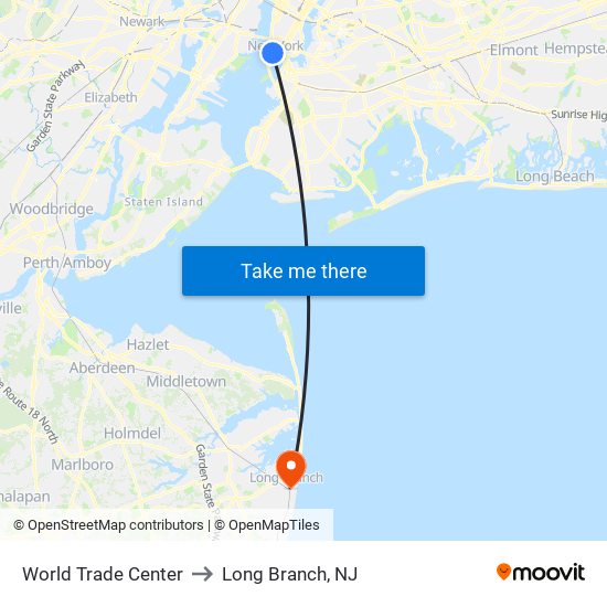 World Trade Center to Long Branch, NJ map