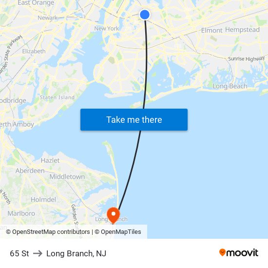 65 St to Long Branch, NJ map