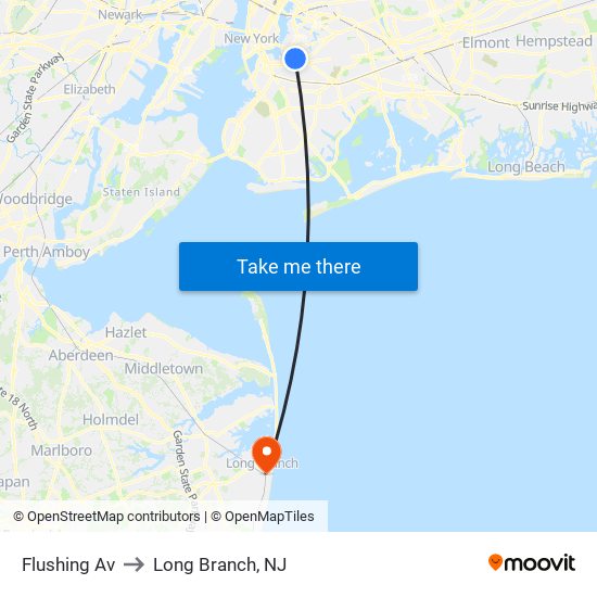 Flushing Av to Long Branch, NJ map