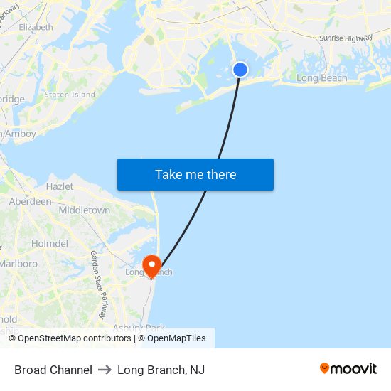 Broad Channel to Long Branch, NJ map