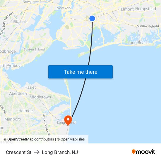 Crescent St to Long Branch, NJ map