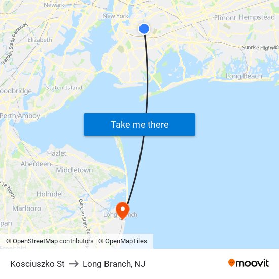 Kosciuszko St to Long Branch, NJ map