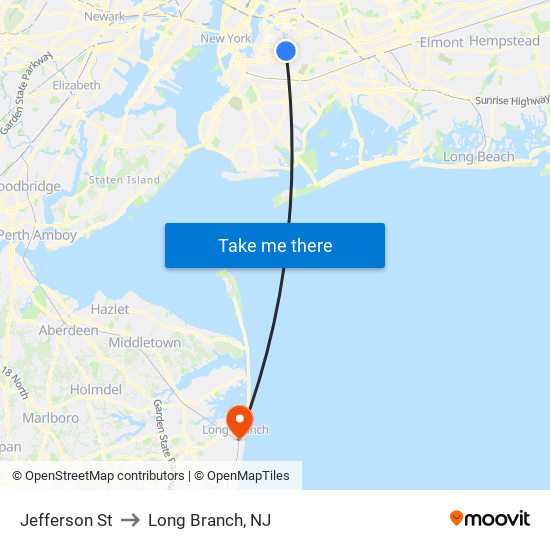 Jefferson St to Long Branch, NJ map