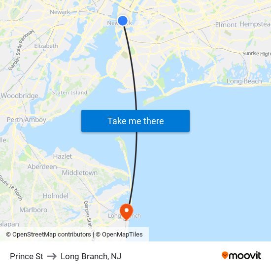 Prince St to Long Branch, NJ map