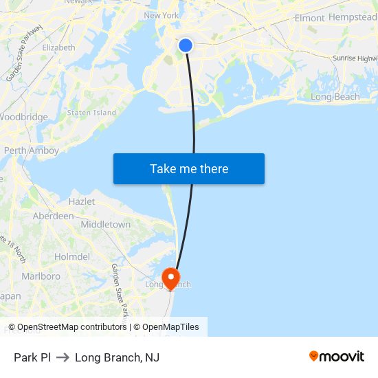 Park Pl to Long Branch, NJ map