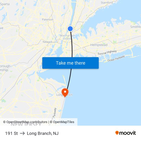 191 St to Long Branch, NJ map